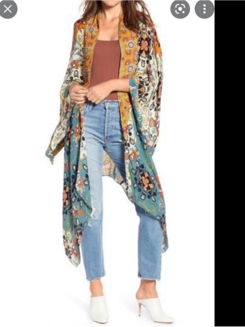 Free People Teal Mustard Floral Open-Front Kimono